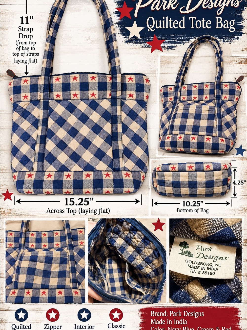 Park Designs Quilted Shoulder Tote in Navy Blue, Cream & Red Star Accent